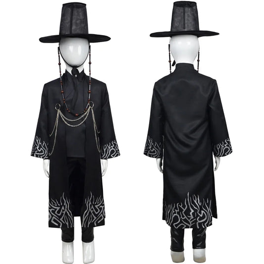 Black costume with intricate designs on a white background