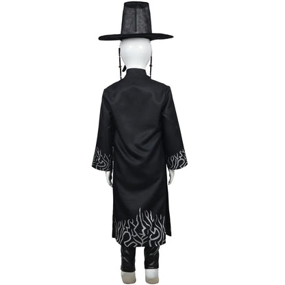 Mannequin wearing a black robe with white patterns and a black hat on a white background