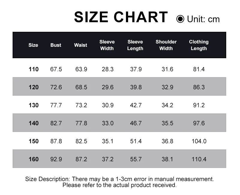 Size chart for clothing measurements in centimeters