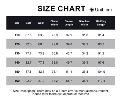 Size chart for clothing measurements in centimeters