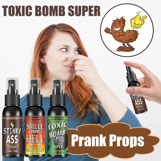 Person using a spray bottle labeled 'Stinky Ass Spray' with various prank spray products and a cartoon character on a white background.