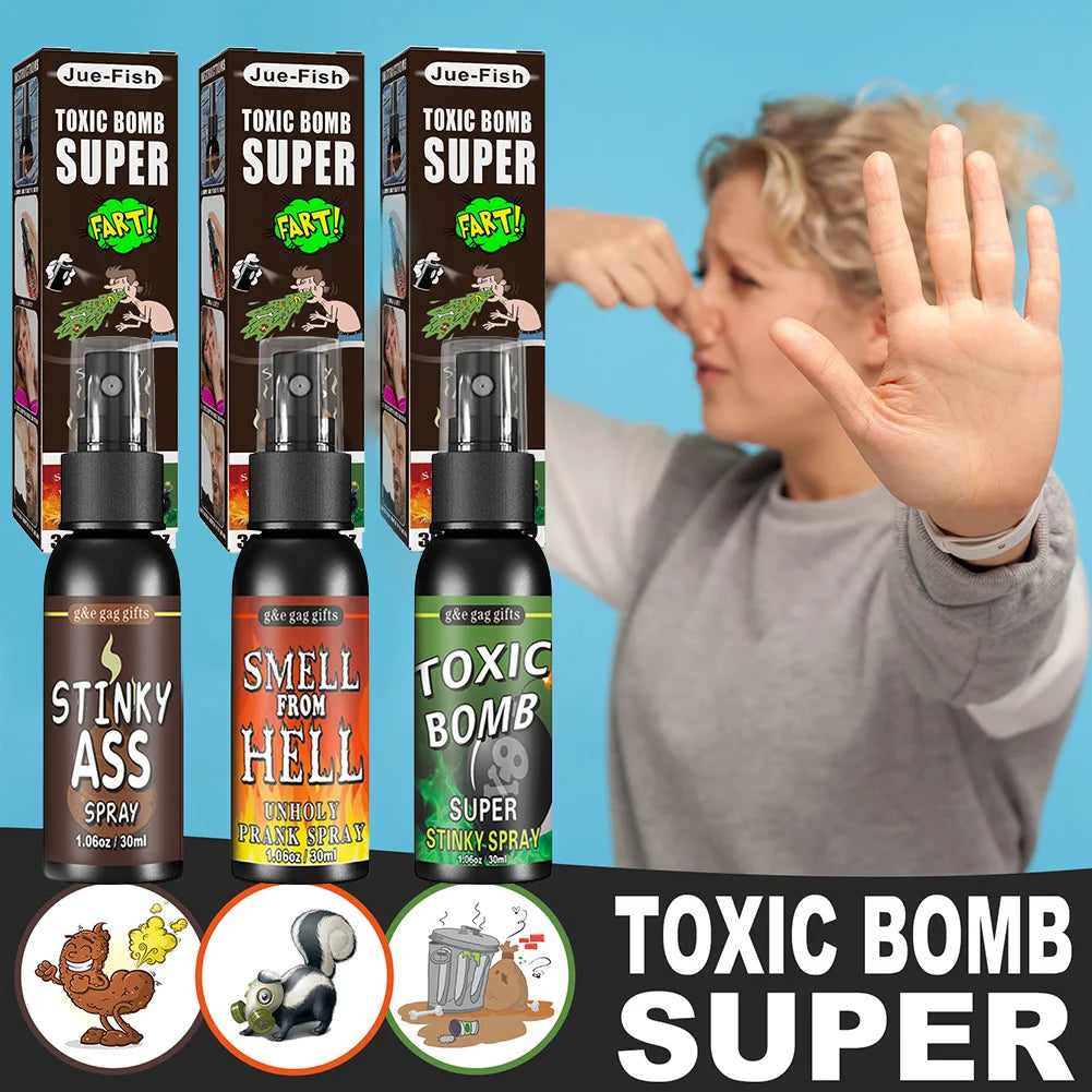 Toxic Bomb Super spray packaging with a person gesturing a stop sign.
