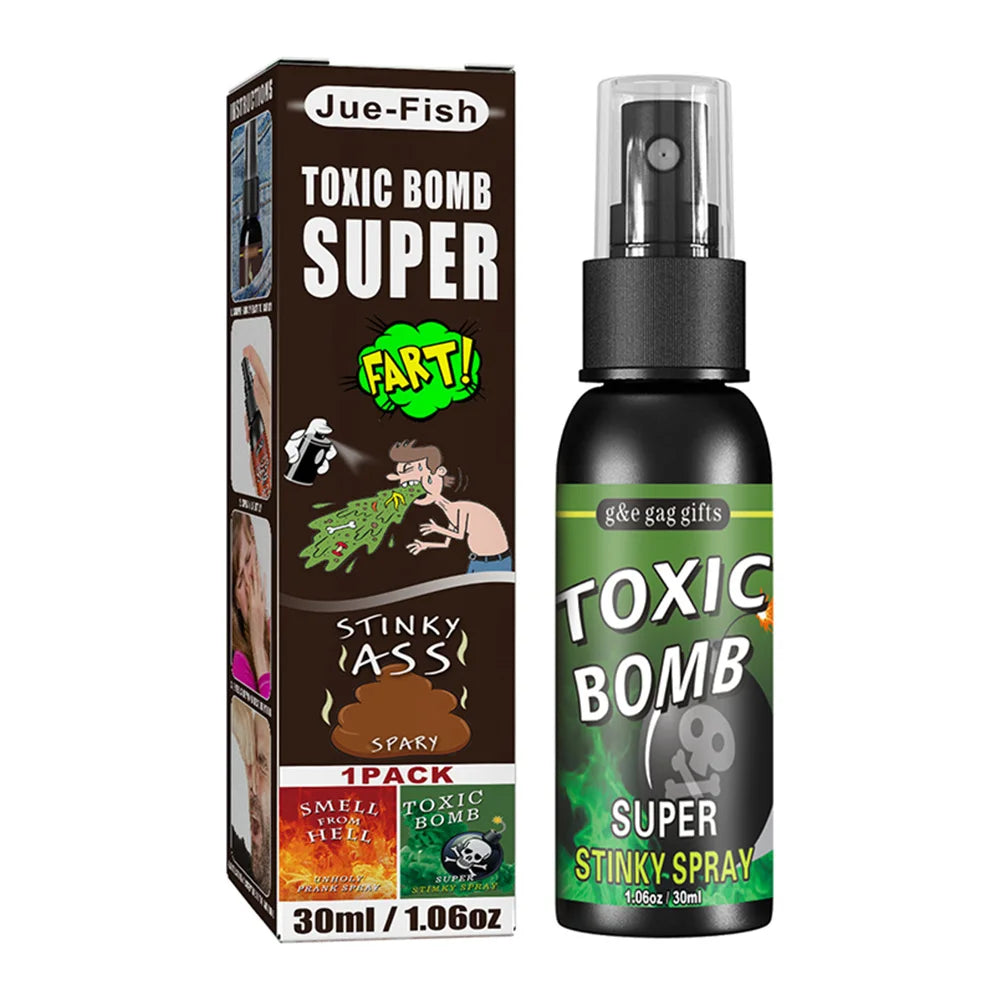 Toxic Bomb Super Stinky Spray with packaging on a white background

