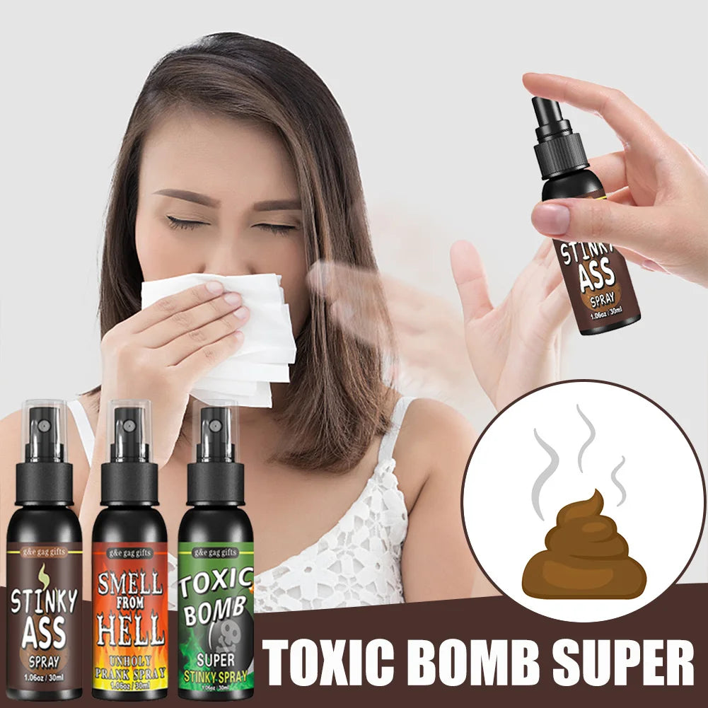 Woman using a spray product with various labeled sprays and an illustration of 'Toxic Bomb Super' on a light gray background.