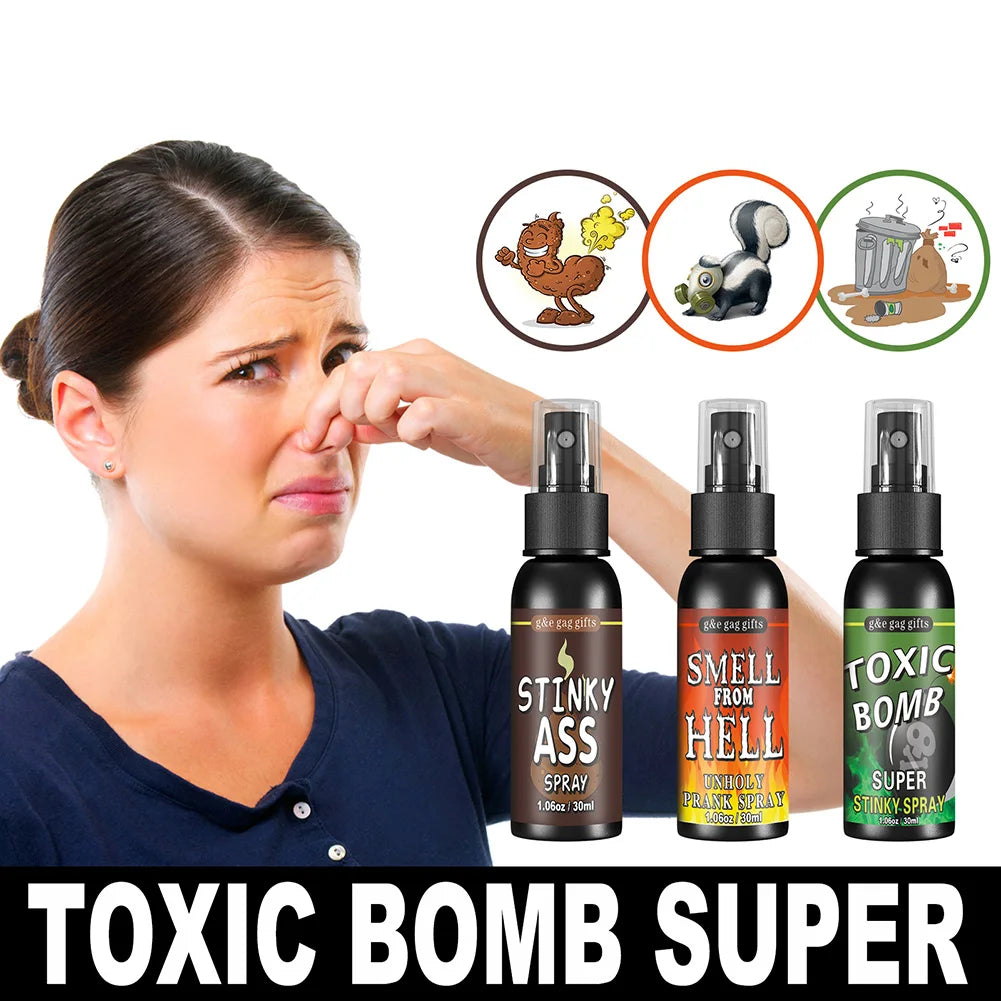 Woman reacting to stinky spray with product packaging and icons on a white background