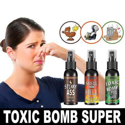 Woman reacting to stinky spray with product packaging and icons on a white background