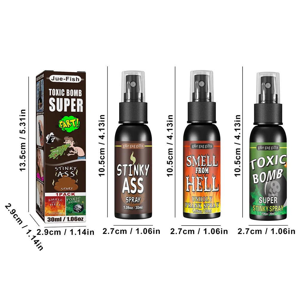 Measurement chart of 'Stinky Ass' and 'Toxic Bomb' spray bottles and packaging.
