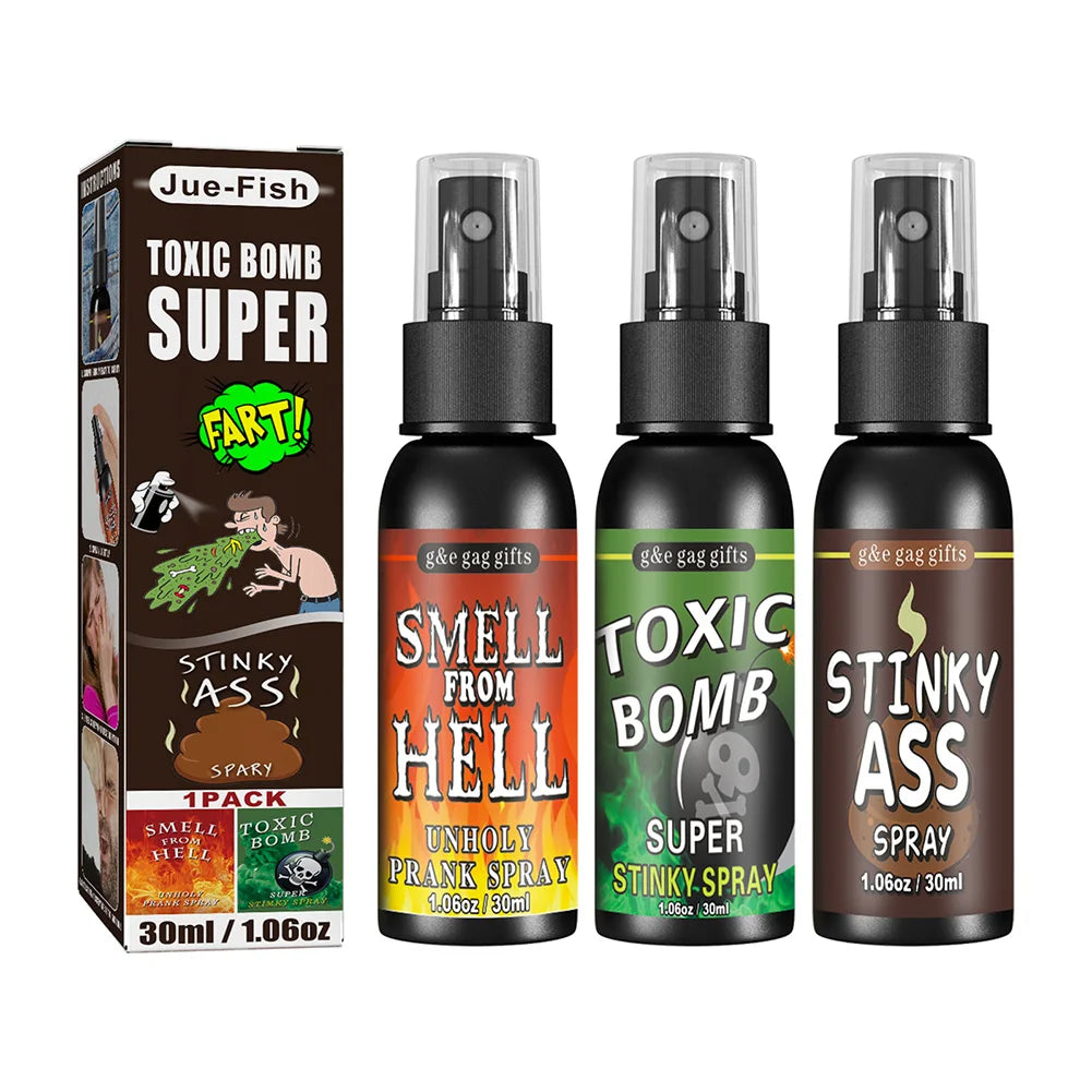 Four spray bottles with colorful labels and a box labeled Toxic Bomb Super Fart' on a white background.