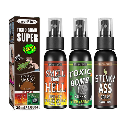 Four spray bottles with colorful labels and a box labeled Toxic Bomb Super Fart' on a white background.
