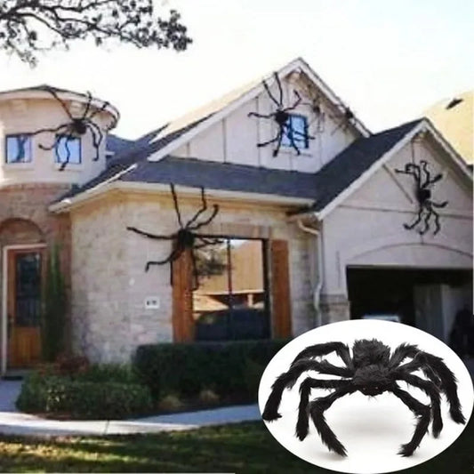 Halloween spider decorations on a house exterior with an inset of a large spider.