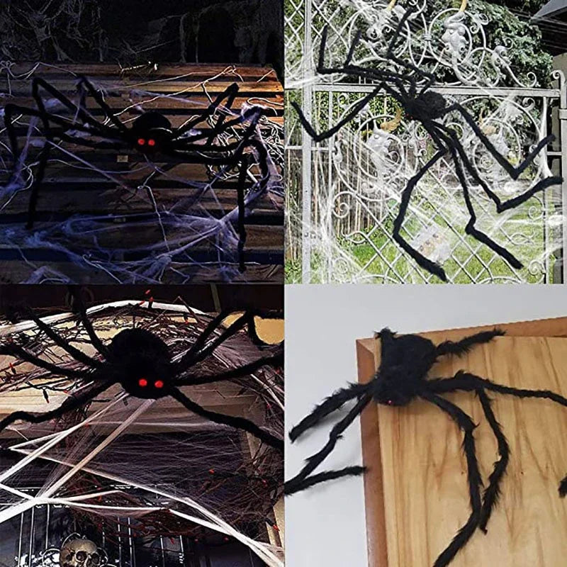 Collage of large black spiders and spider webs on various surfaces.