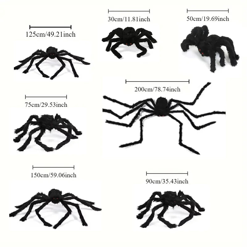 Set of black spiders with measurements indicated on a white background
