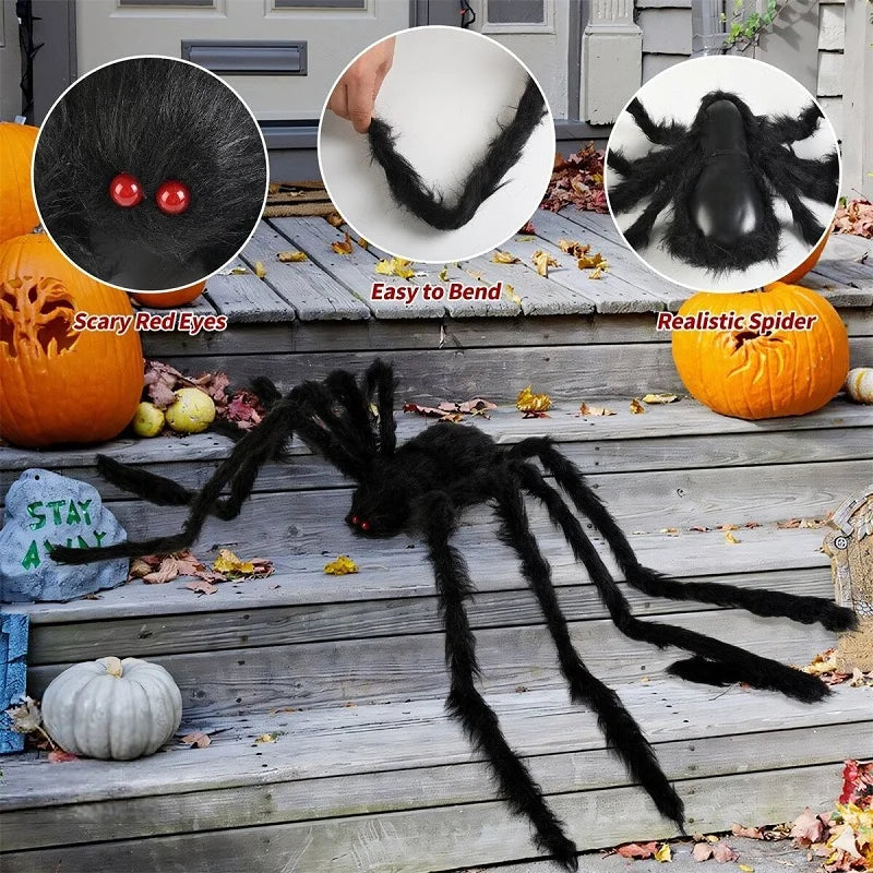 Halloween spider decoration with close-ups of features on a wooden porch.