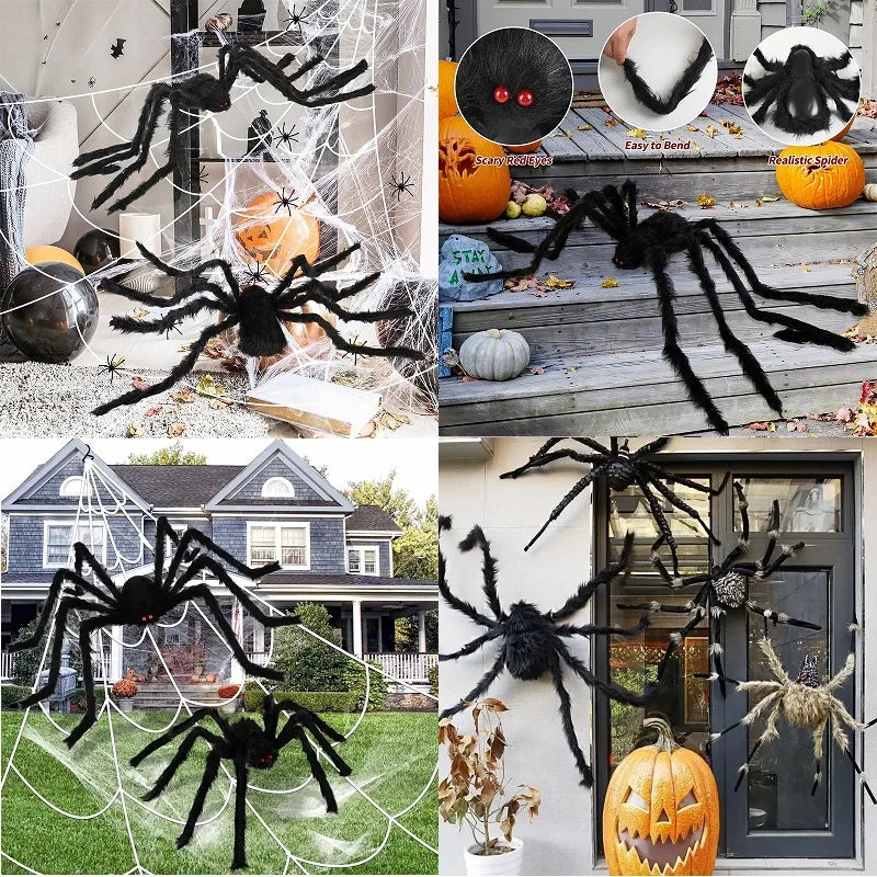 Collage of Halloween decorations featuring large spiders and pumpkins.
