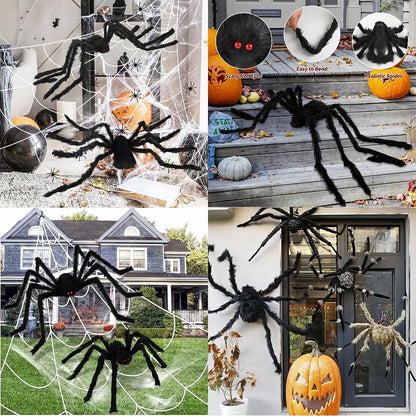Collage of Halloween decorations featuring large spiders and pumpkins.