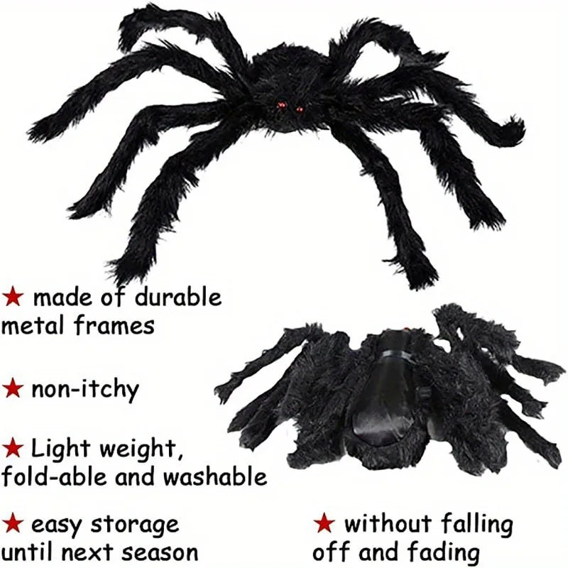 Black spider toy with features listed on a white background