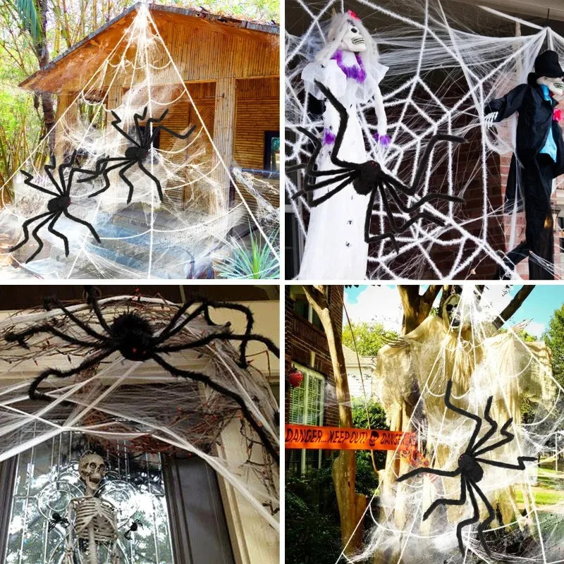 Halloween decorations with spider webs and large spiders in various settings.