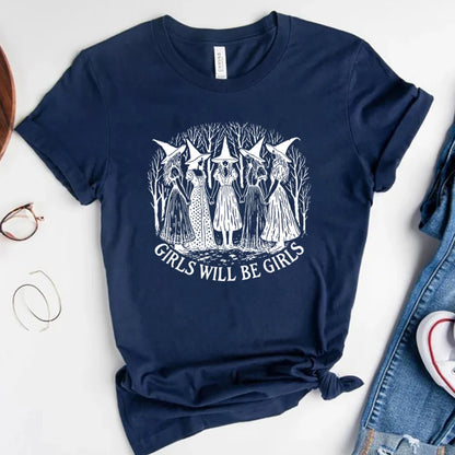 Navy blue t-shirt with white graphic and text 'Girls Will Be Girls' on a white background