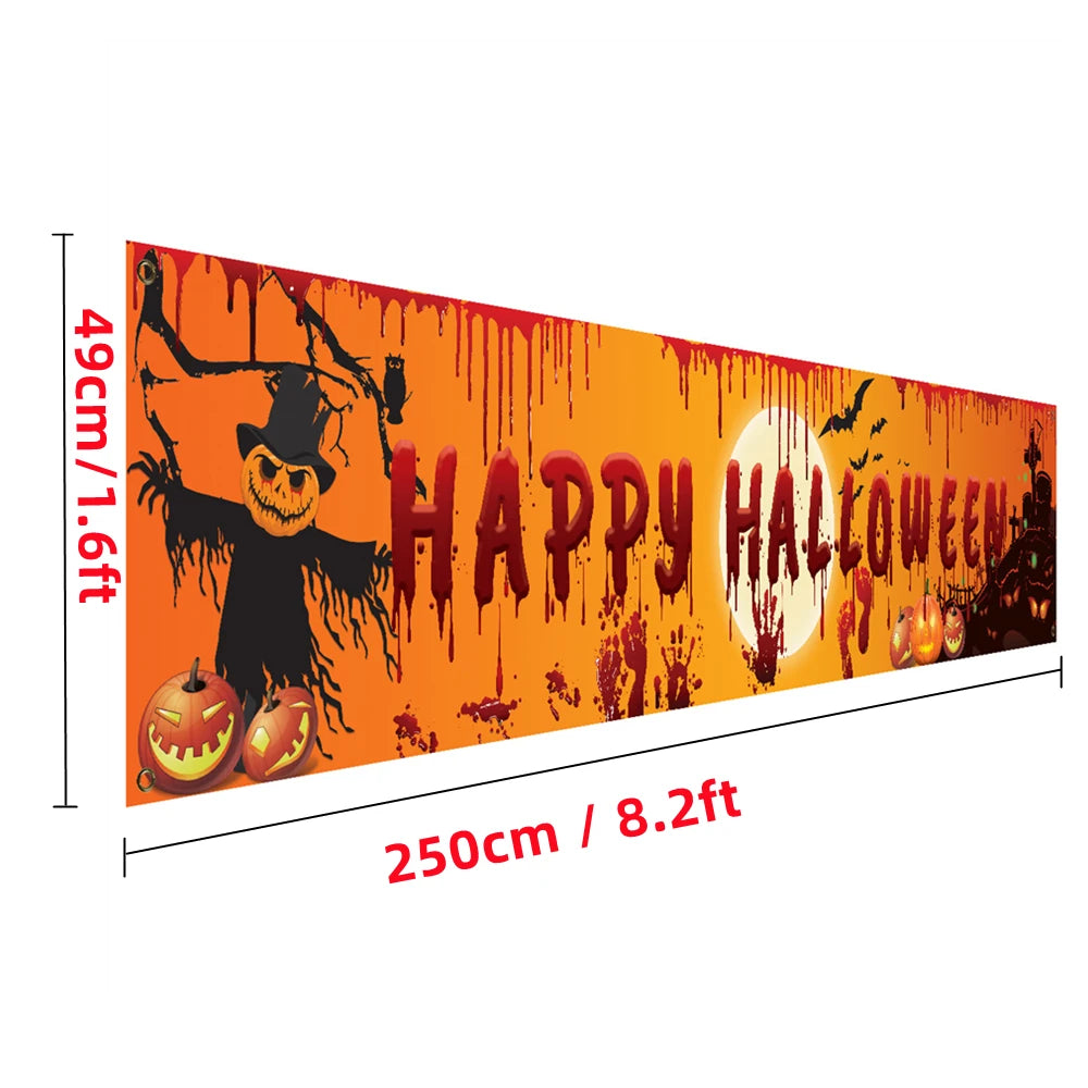 Halloween-themed banner with a scarecrow, pumpkins, and text on an orange background.