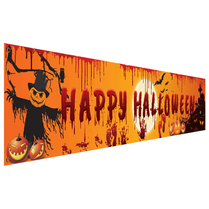 Halloween-themed banner with 'Happy Halloween' text, pumpkins, and a scarecrow on an orange background.
