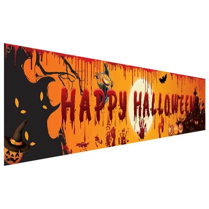 Halloween-themed banner with pumpkins, ghosts, and text on an orange and black background.