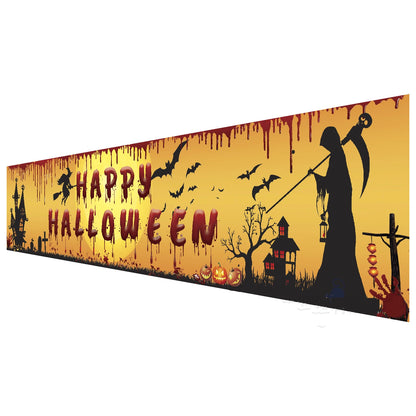 Halloween-themed decorative banner with a silhouette of the Grim Reaper, bats, and haunted house on a yellow background.