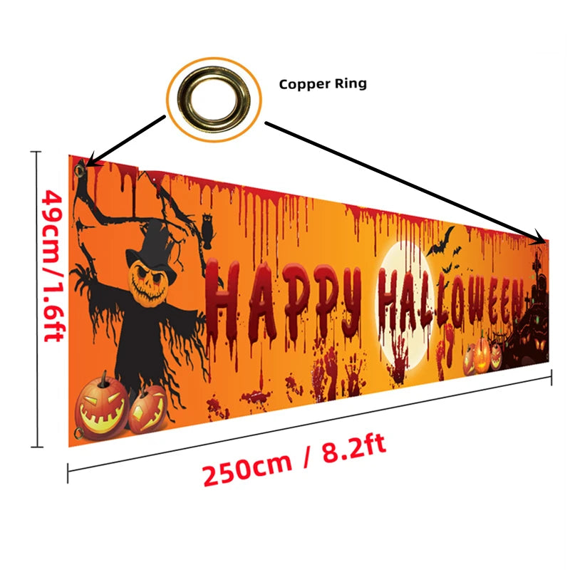 Halloween-themed banner with a copper ring for hanging, featuring text and graphics on an orange background.
