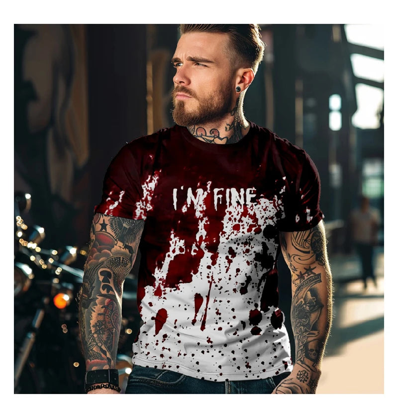 Man wearing a t-shirt with 'I'm Fine' design in an urban setting