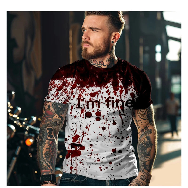 Man wearing a t-shirt with blood splatter design and 'I'm fine' text.
