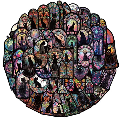 Stack of colorful cat-themed stickers with a stained glass design on a white background