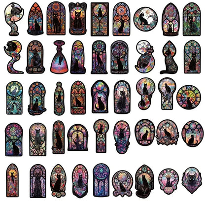 Collection of colorful cat-themed stickers with various designs on a white background.