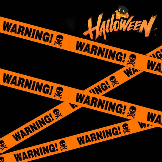 Halloween-themed design with warning tapes and a cat in a witch hat on a black background.