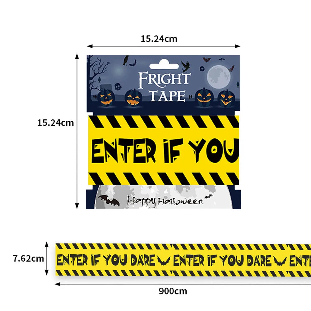 Halloween-themed tape packaging with dimensions and text 'Enter if you dare'.