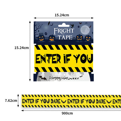 Halloween-themed tape packaging with dimensions and text 'Enter if you dare'.