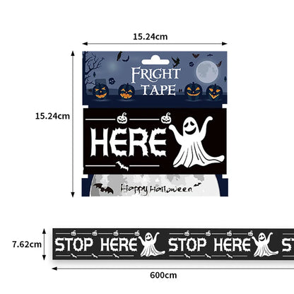 Halloween-themed tape with ghost and pumpkin design, showing dimensions and packaging.