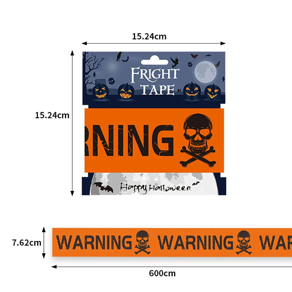 Halloween-themed tape with packaging showing dimensions and design elements.