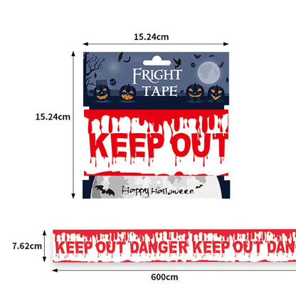 Halloween-themed tape packaging with dimensions and text.