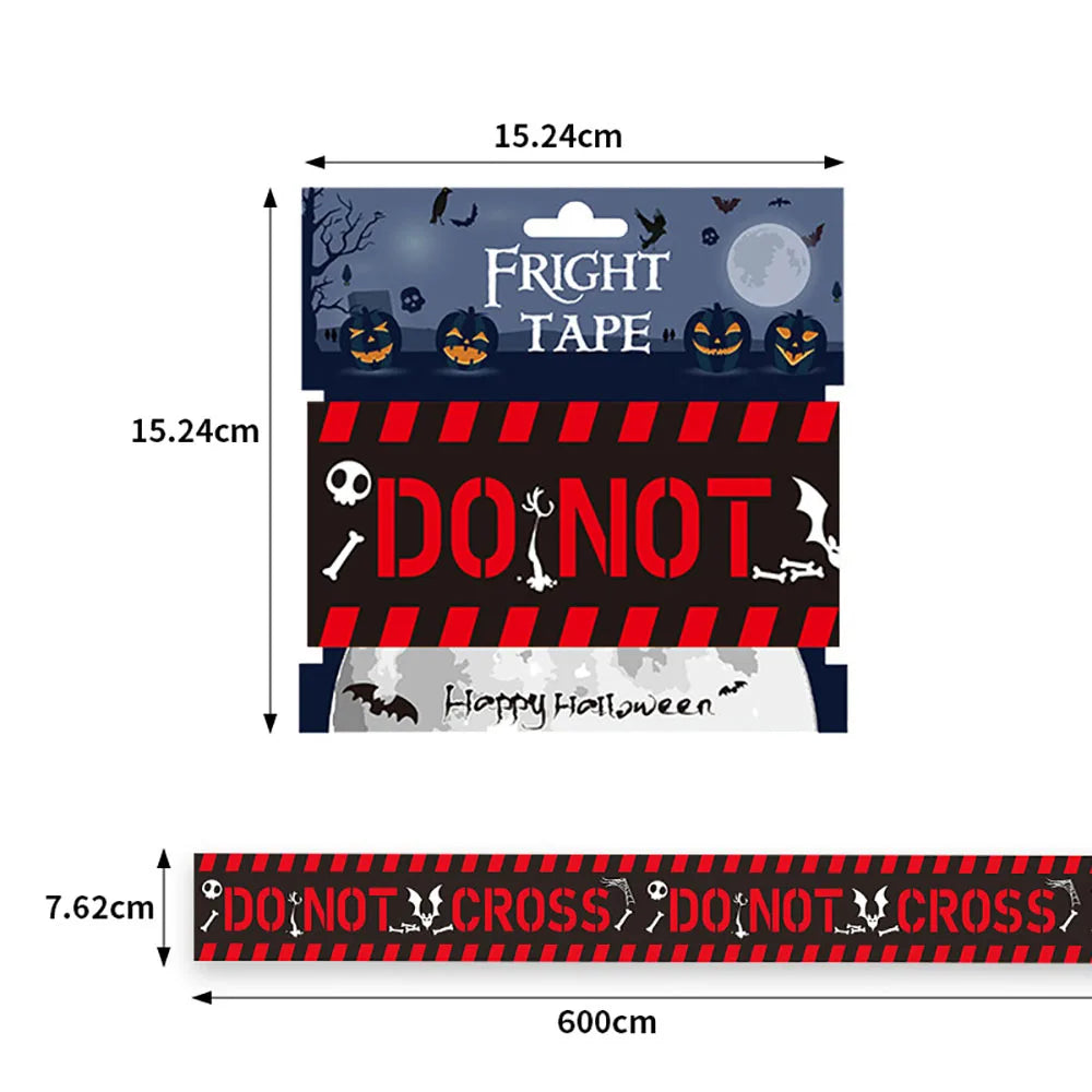 Halloween-themed tape packaging with dimensions and text.