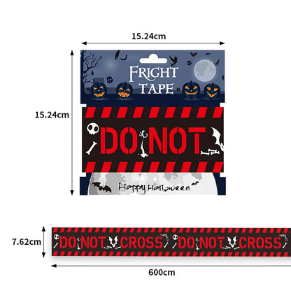Halloween-themed tape packaging with dimensions and text.