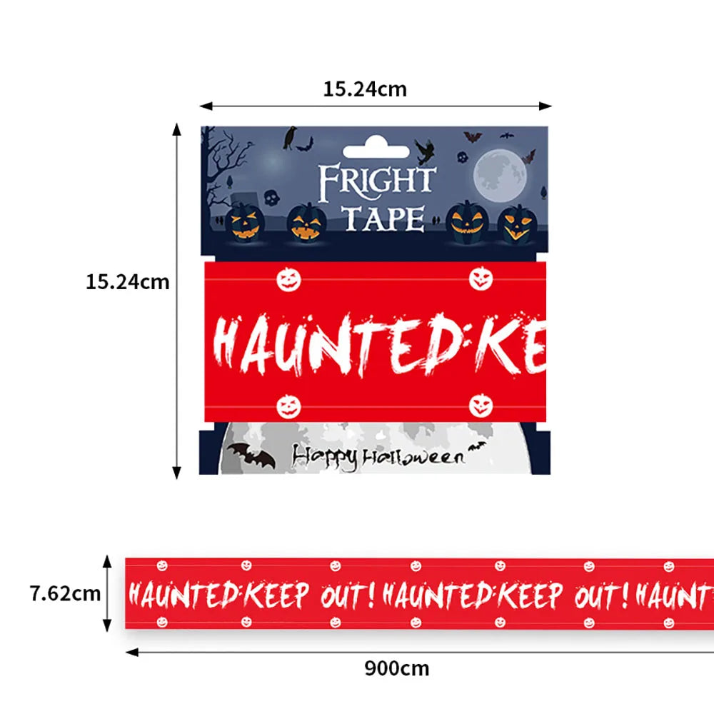Halloween-themed tape packaging with dimensions and text.