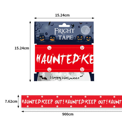 Halloween-themed tape packaging with dimensions and text.