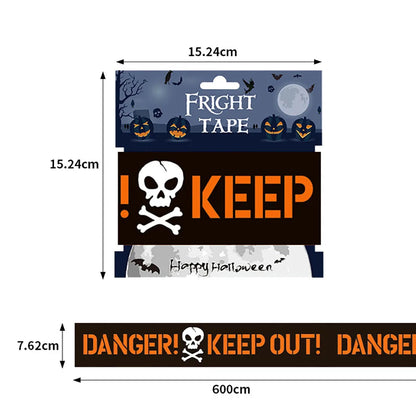 Halloween-themed tape packaging with dimensions and text.