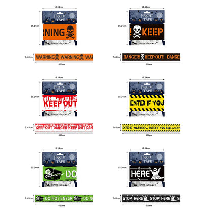 Collection of Halloween-themed caution tapes with various messages and designs.