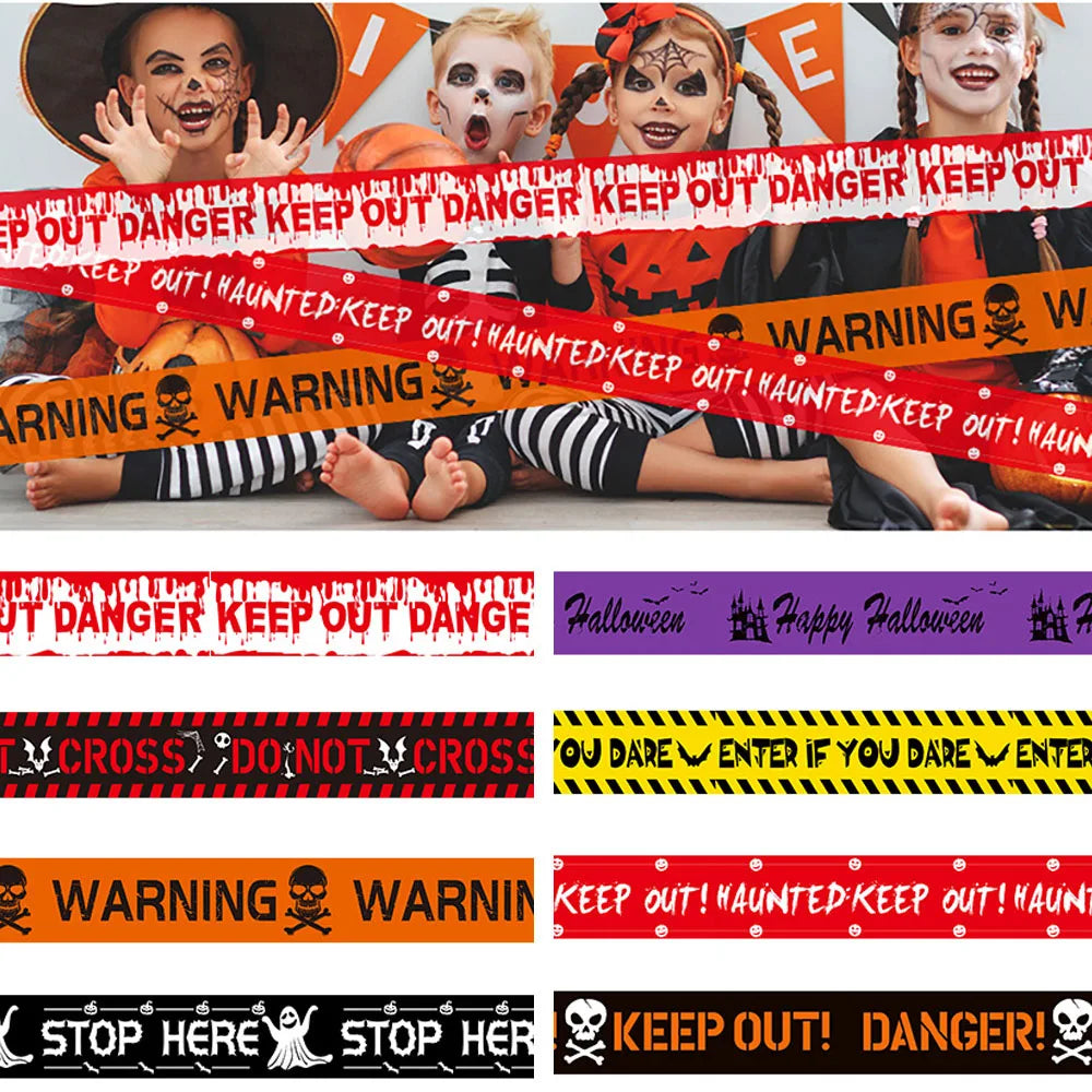 Halloween-themed caution tapes with various messages and designs.