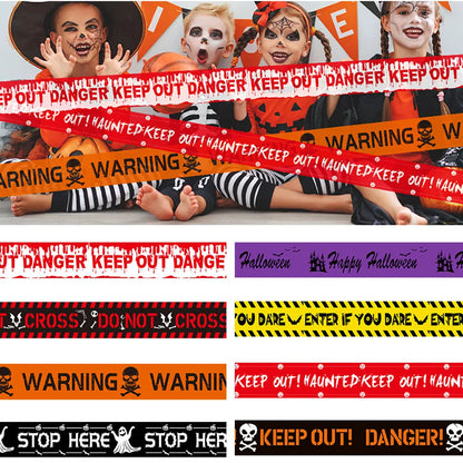 Halloween-themed caution tapes with various messages and designs.