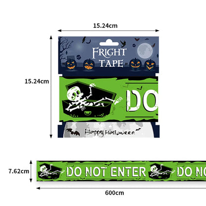Halloween-themed tape packaging with dimensions displayed