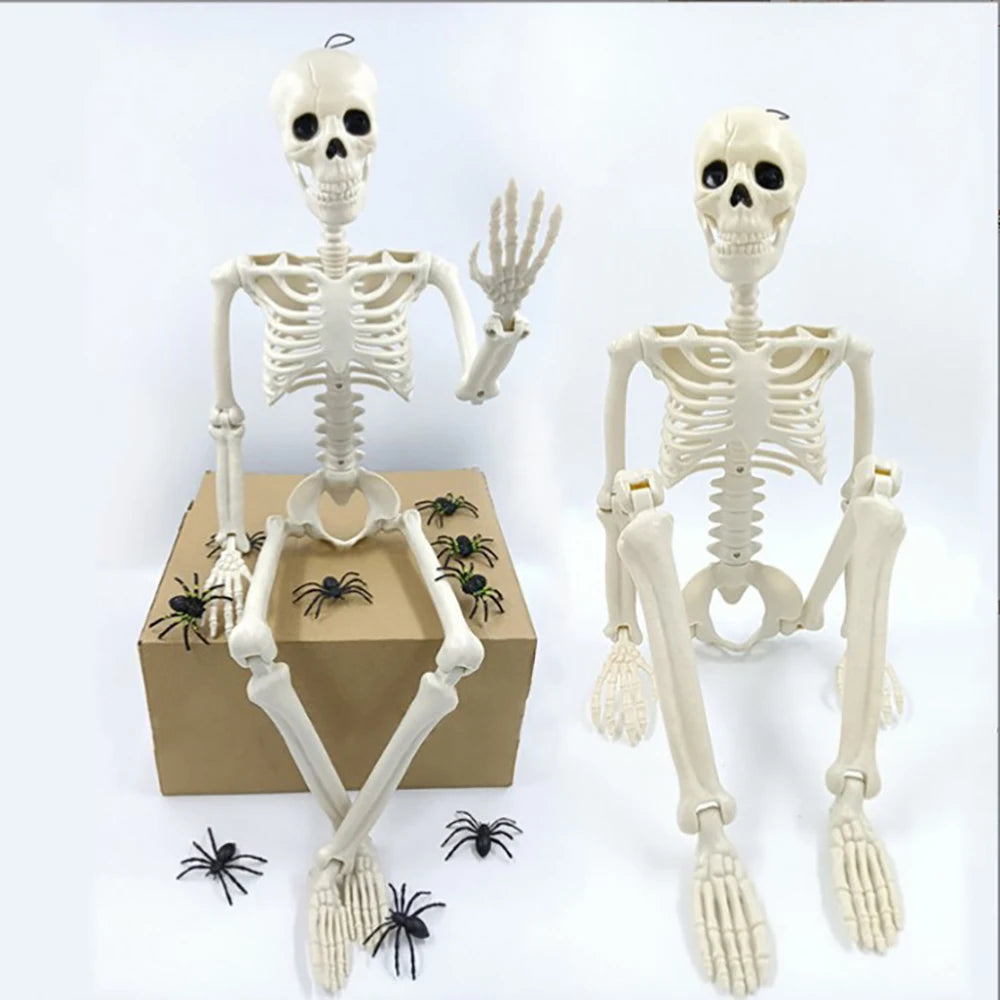 Two plastic skeletons on a white background with spiders around them.