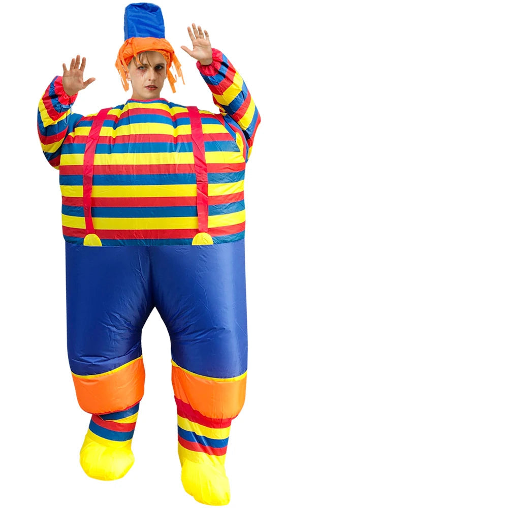 Colorful striped costume with size information on a white background