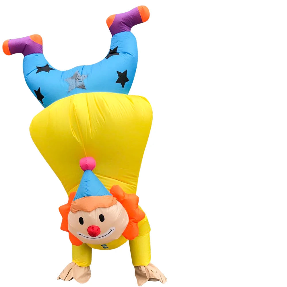 Colorful clown plush toy in an upside-down position with size information on a white background