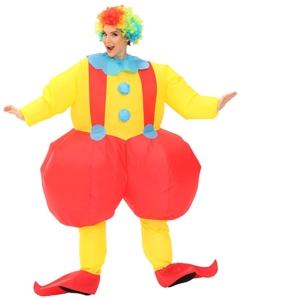 Colorful clown costume with size information on a white background